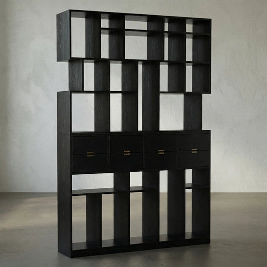 Grobius Bookcase by Noir in hand rubbed black. Made from mahogany, veneer, brass pull in a modern style.