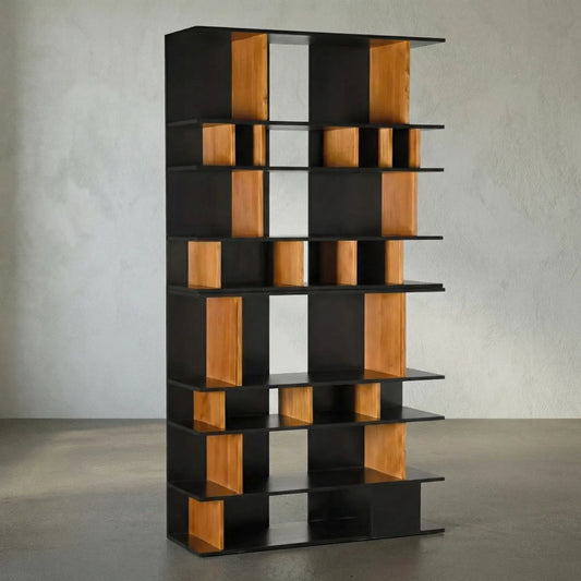 R. Morton Bookcase by Noir in natural teak, hand rubbed black. Made from teak, veneer in a modern style.