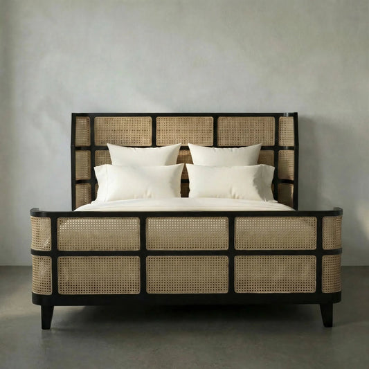 Porto Bed by Noir in hand rubbed black. Made from mahogany in a eclectic & global style.