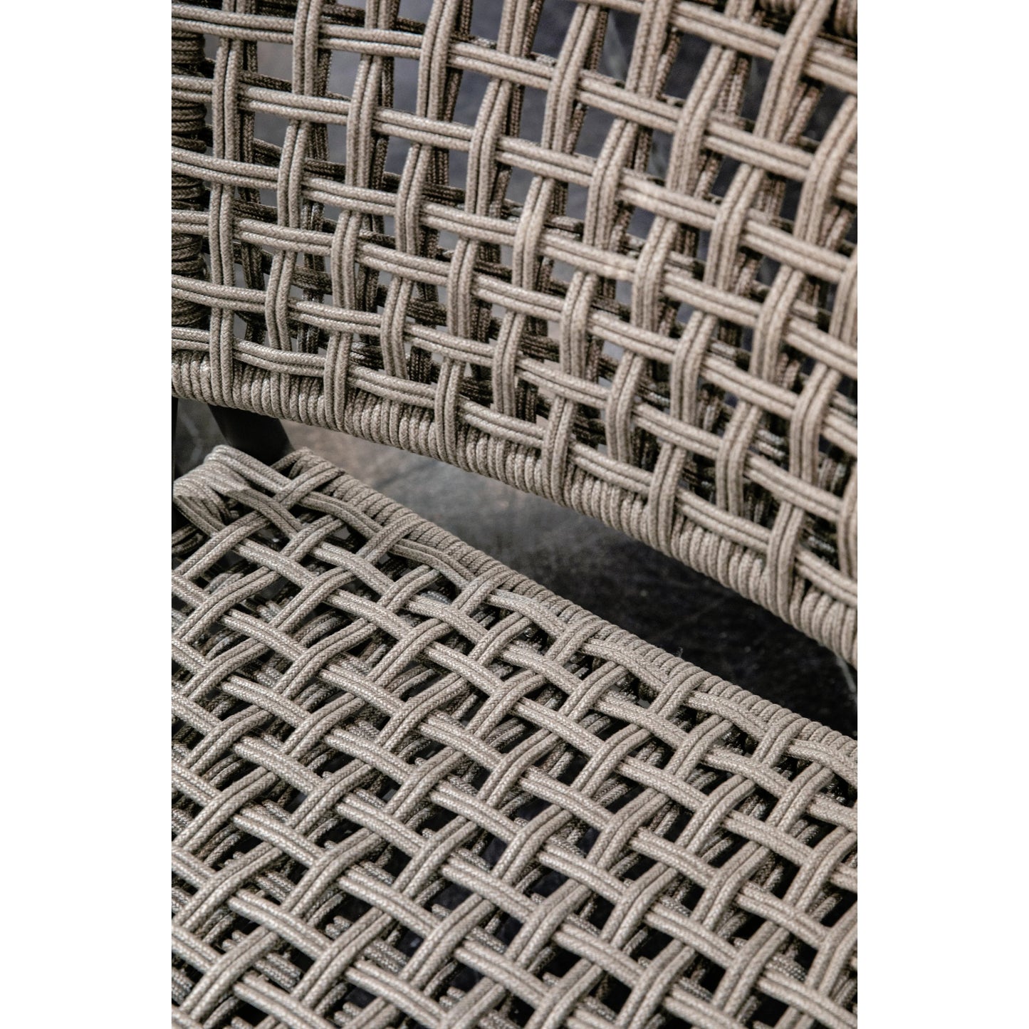005 SI-2167119 | Closeup | Grigio Outdoor Cushionless Accent Chair by Sunset West in graphite. Made from olefin rope in a coastal style.
