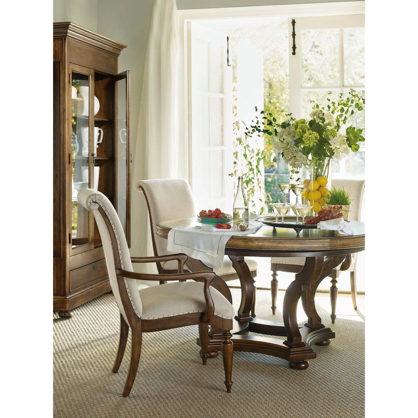 007 SI-1748344 | Lifestyle | Archivist Arm Chair (Set of 2) by Hooker Furniture in beige and pecan, aubergine. Made from fabric, nailheads in a transitional style.