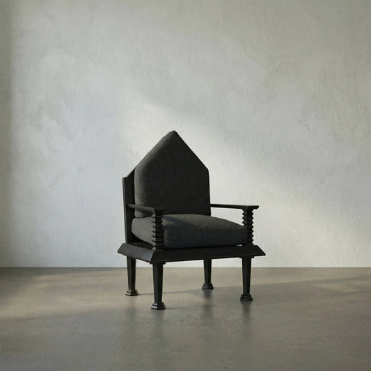 Resurrection Chair by Noir in hand rubbed black. Made from mahogany and grey fabric in a traditional style.