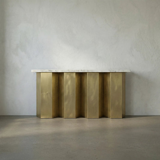 Shilo Console by Noir in antique brass. Made from metal, stone in a modern style.