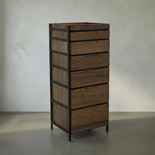 Seoul Tallboy by Noir in dark walnut. Made from walnut and industrial steel in a modern style.