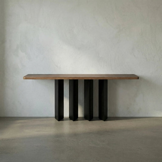 Delta Console with Metal Base by Noir in dark walnut. Made from walnut and industrial steel in a modern style.