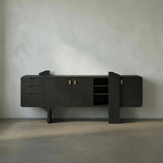 Dallas Sideboard by Noir in hand rubbed black. Made from mahogany, veneer, brass pulls in a modern style.