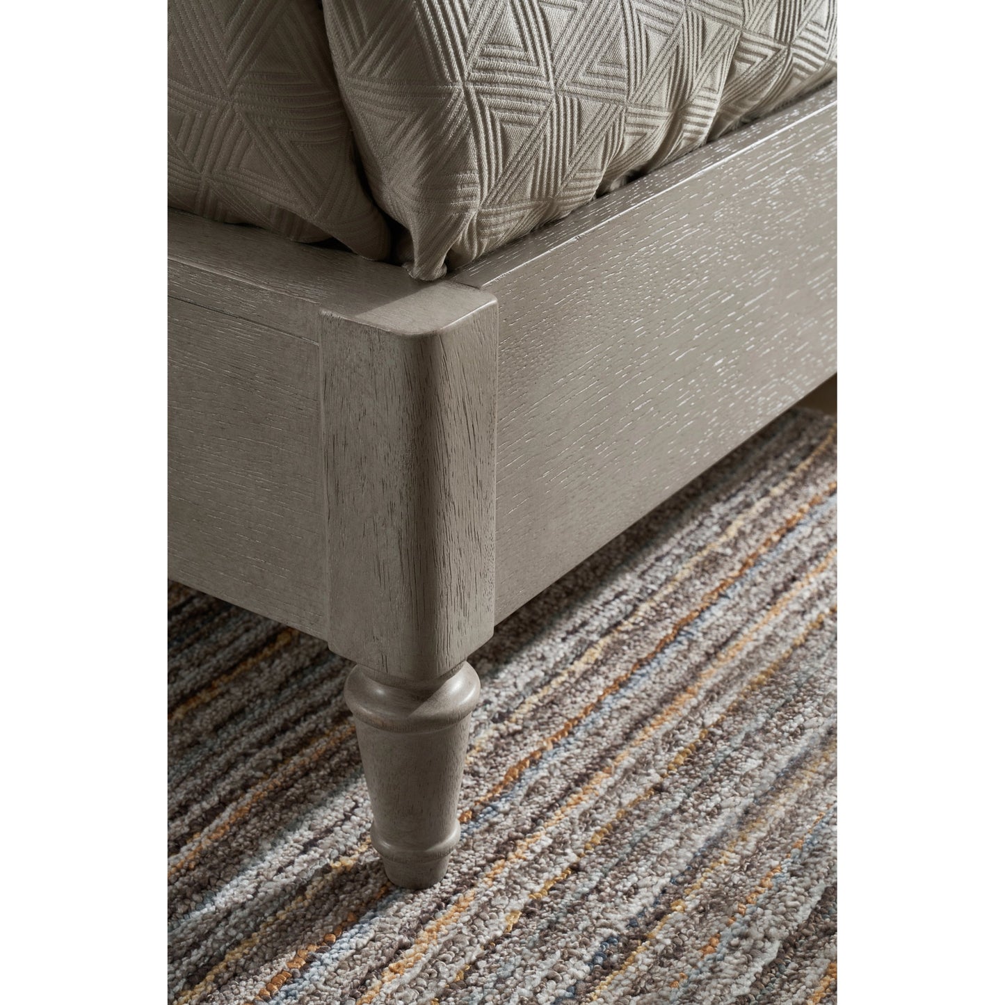 005 SI-2130655,SI-2130656 | Closeup | Zest Upholstered Bed with Nailhead Trim by Zest in greige. Made from rubberwood, oak veneer, fabric in a modern style.