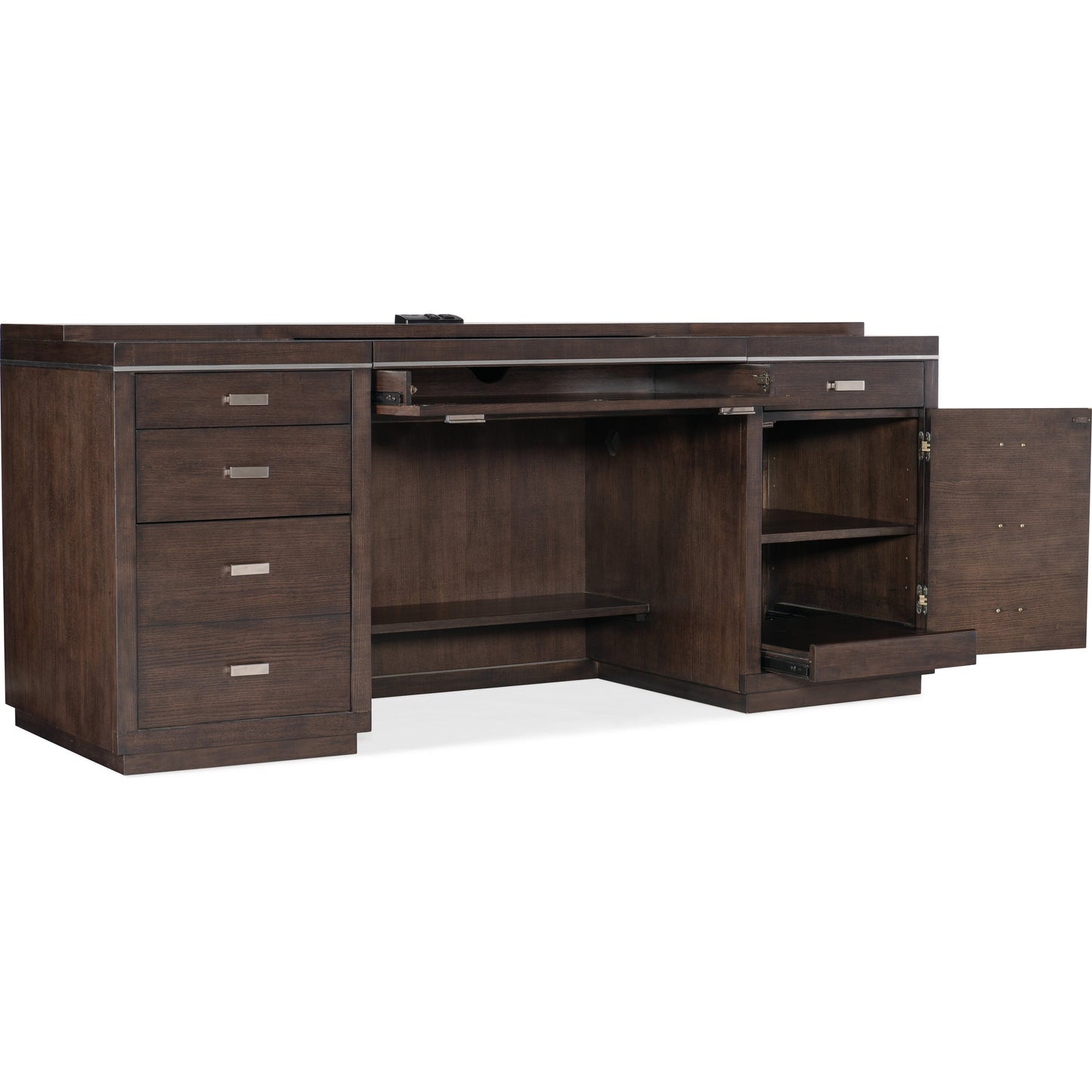 002 SI-1748971 | Additional Silo | House Blend Computer Credenza by Hooker Furniture in dark roast. Made from quartered ash veneers, metal in a unique style.