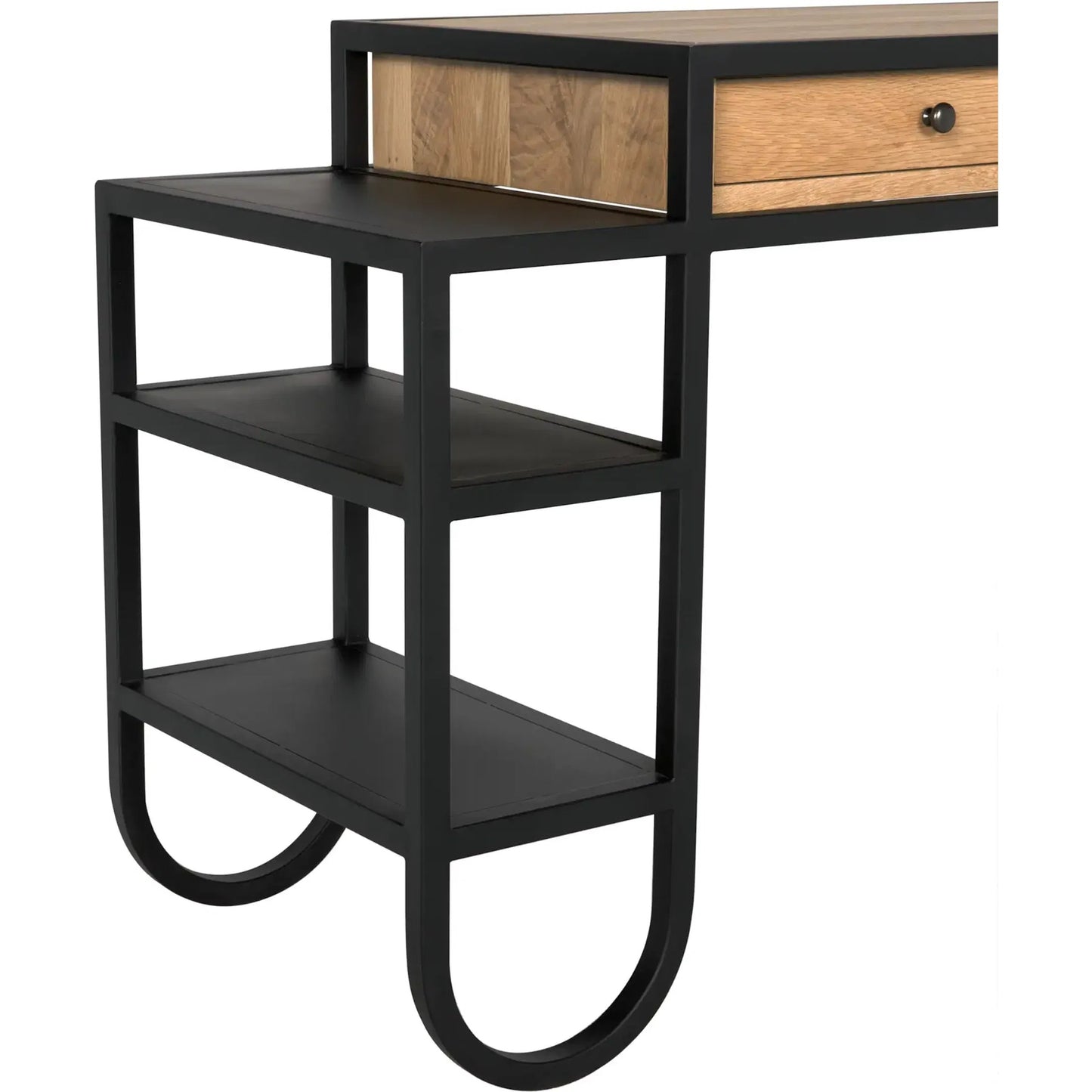 006 SI-2130222 | Closeup | Thomson Desk by Noir in matte black and natural oak. Made from industrial steel and white oak in a modern style.