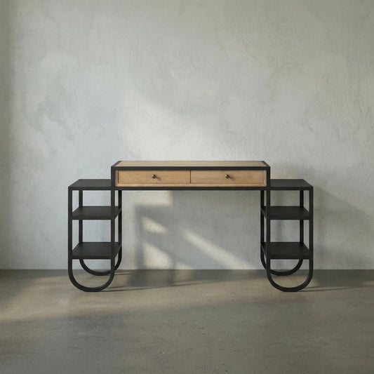 Thomson Desk by Noir in matte black and natural oak. Made from industrial steel and white oak in a modern style.