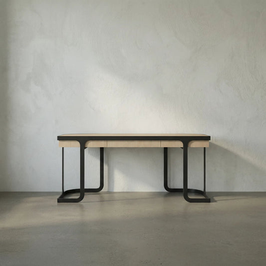 Hamilton Desk by Noir in natural, matte black. Made from white oak, iron in a transitional style.