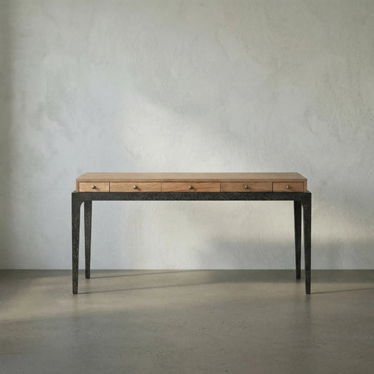 Memphis Desk by Noir in dark walnut, black walnut. Made from walnut, veneer, brass hardware in a transitional style.