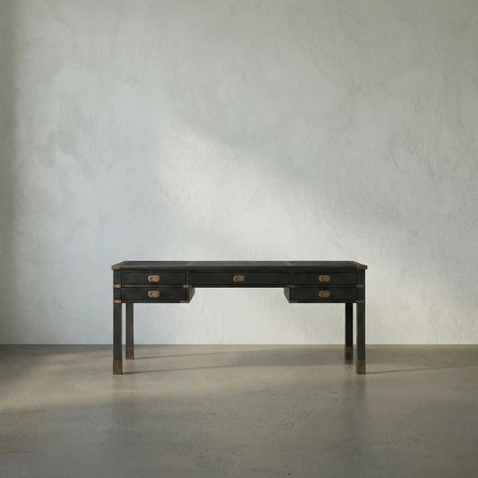 Campaign Partner Desk by Noir in pale. Made from mahogany, brass pulls, brass base legs, brass side plates in a traditional style.