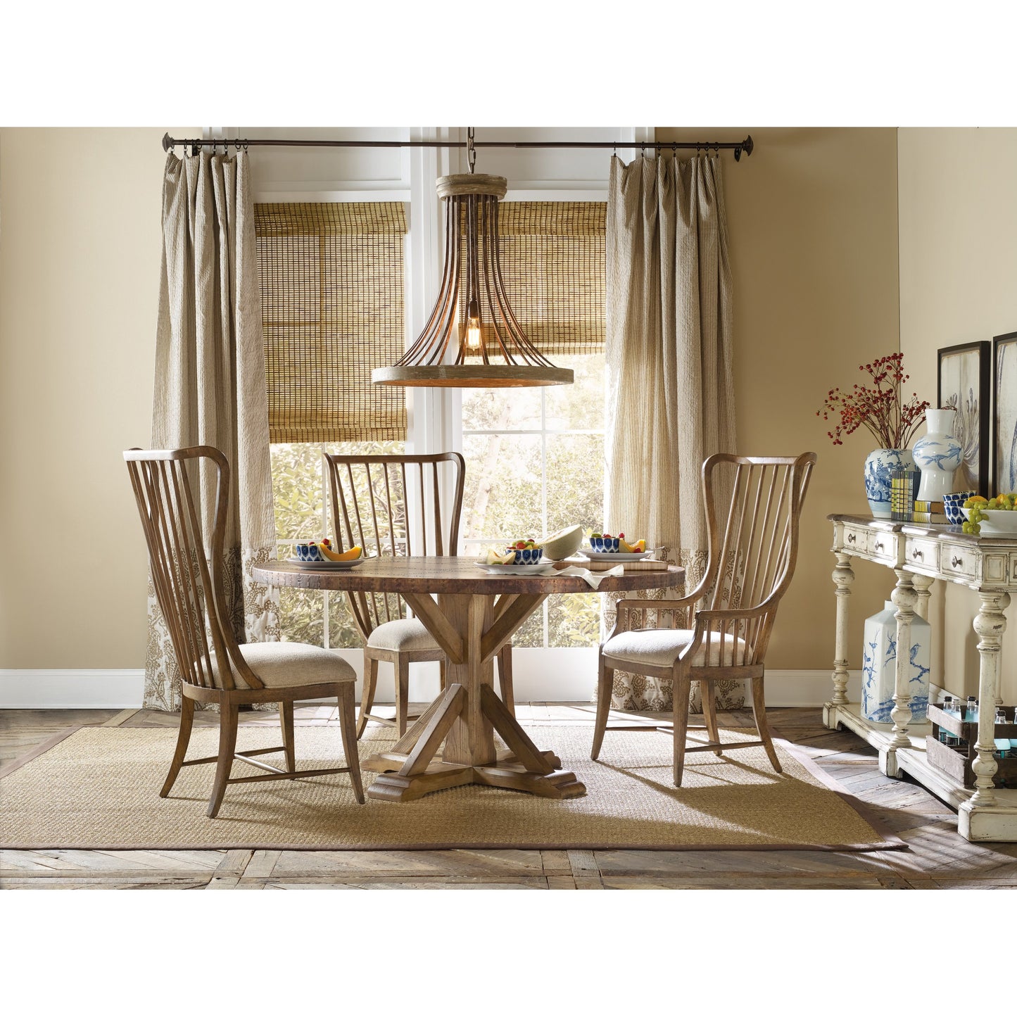 004 SI-1749635 | Lifestyle | Sanctuary Tall Spindle Side Chair (Set of 2) by Hooker Furniture in beige and antique hickory. Made from fabric in a traditional style.