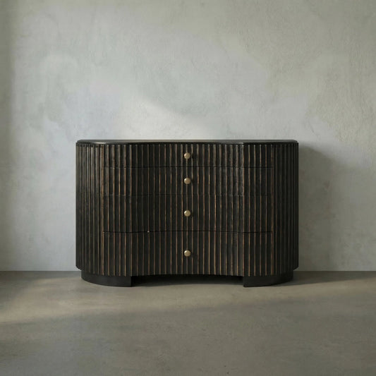 Irene Dresser by Noir in hand rubbed black with light brown trim. Made from mahogany, veneer, and brass pulls in a modern style.