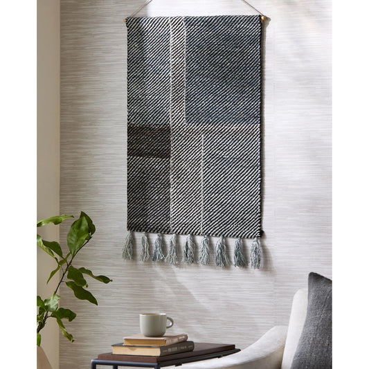 Gent Wall Hanging Decor by Surya in charcoal, slate gray, ivory, taupe. Made from recycled pet yarn, wood in a rustic style.