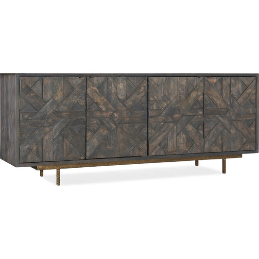 001 SI-1873093 | Primary Silo | Commerce & Market Layers Credenza by Hooker Furniture in dark wood. Made from mango wood, iron in a rustic style.