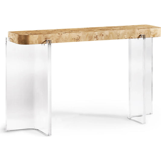 Veil Console Table by Jonathan Charles in natural mappa burl. Made from mappa burl in a modern style.