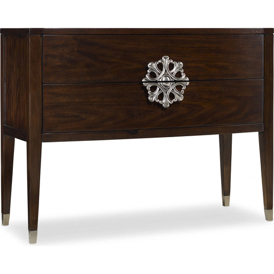 Medallion Console by Hooker Furniture in dark walnut. Made from walnut veneers in a traditional style.