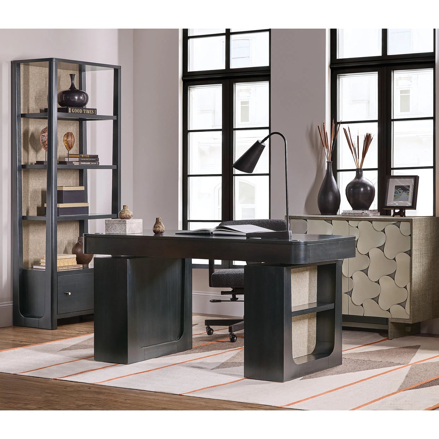 000 SI-2626246 | Lifestyle | Kenzo Adjustable-Height Desk by Hooker Furniture in black and classic black. wood grain. Made from eucalyptus veneers, raffia in a unique style.