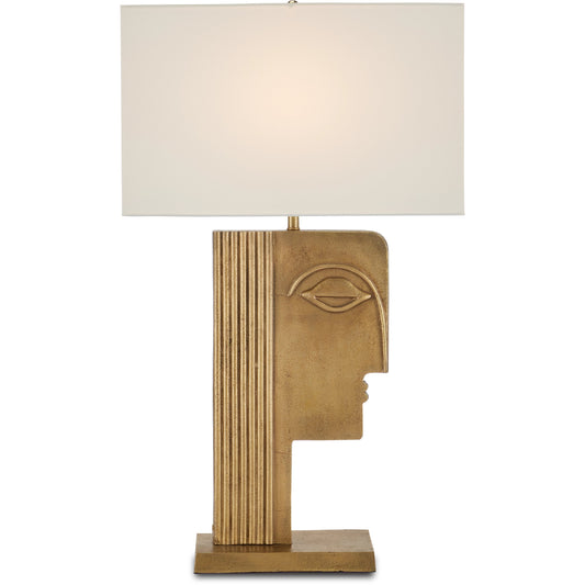 Thebes Table Lamp by Currey and Company in antique brass. Made from cast aluminum in a modern style.