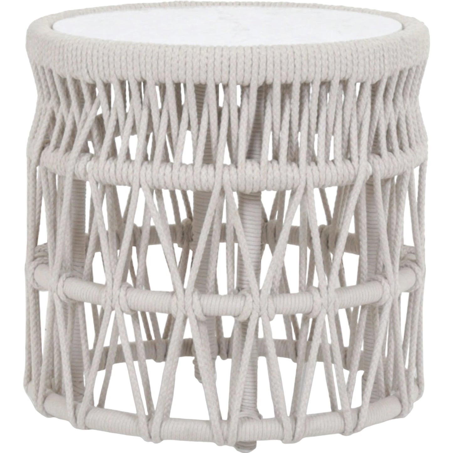 001 SI-2167048 | Primary Silo | Dana Outdoor End Table with Marble Top by Sunset West in natural. Made from olefin rope in a coastal style.
