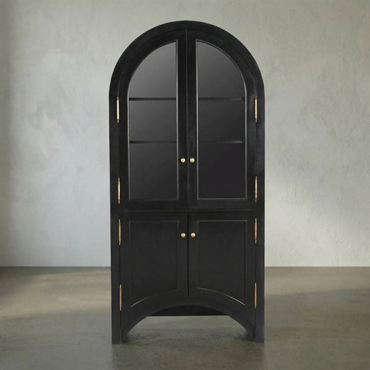 Haring Hutch by Noir in hand rubbed black. Made from mahogany, veneer, glass, and brass pulls in a modern style.