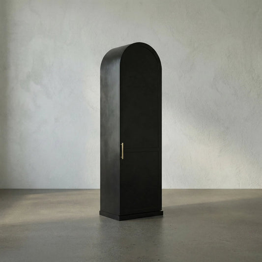 New Tyrol Hutch by Noir in matte black. Made from industrial steel with wood shelves in a modern style.