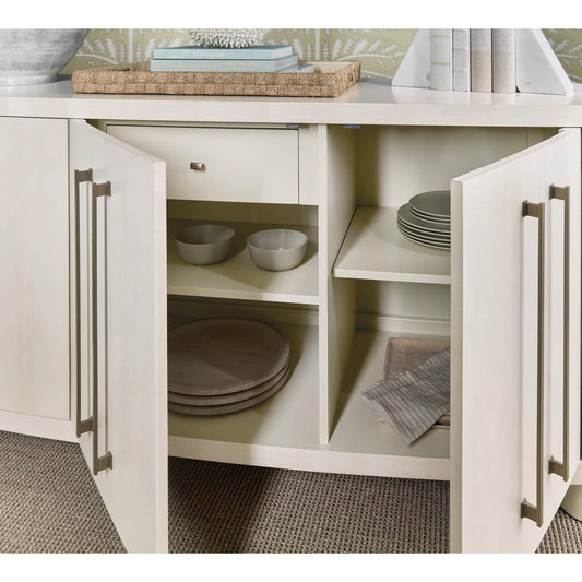 Melange Bar None Credenza by Hooker Furniture in white, maple veneers. Made from figured maple veneers, fabric, 82% polyester, 13% acrylic, 5% linen in a transitional style.
