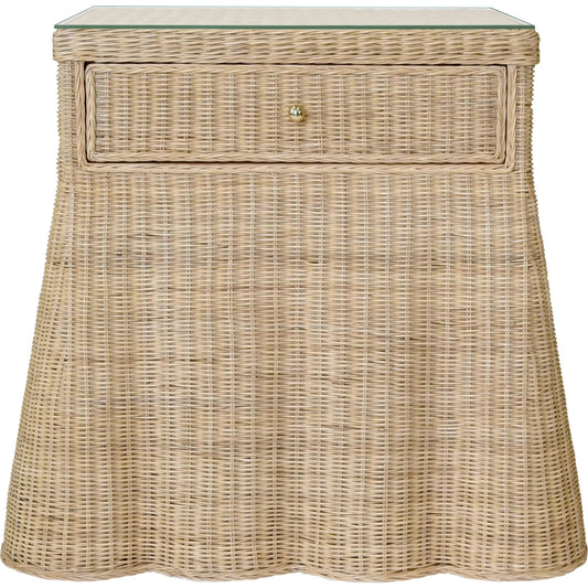 Giselle One Drawer Rectangular Side Table by Worlds Away. Made from rattan, glass in a rustic style.