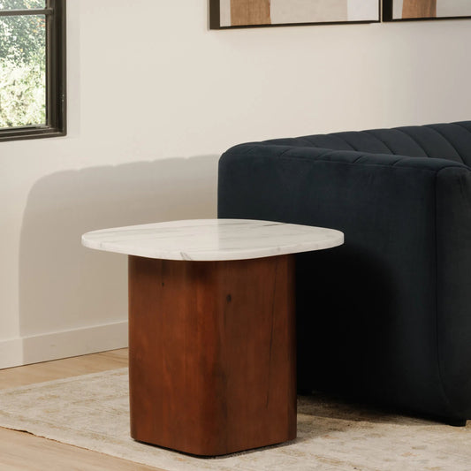 Dash Accent Table by Moe's Home Collection in calacatta marble, brown wood. Made from italian calacatta marble, mango wood in a modern style.