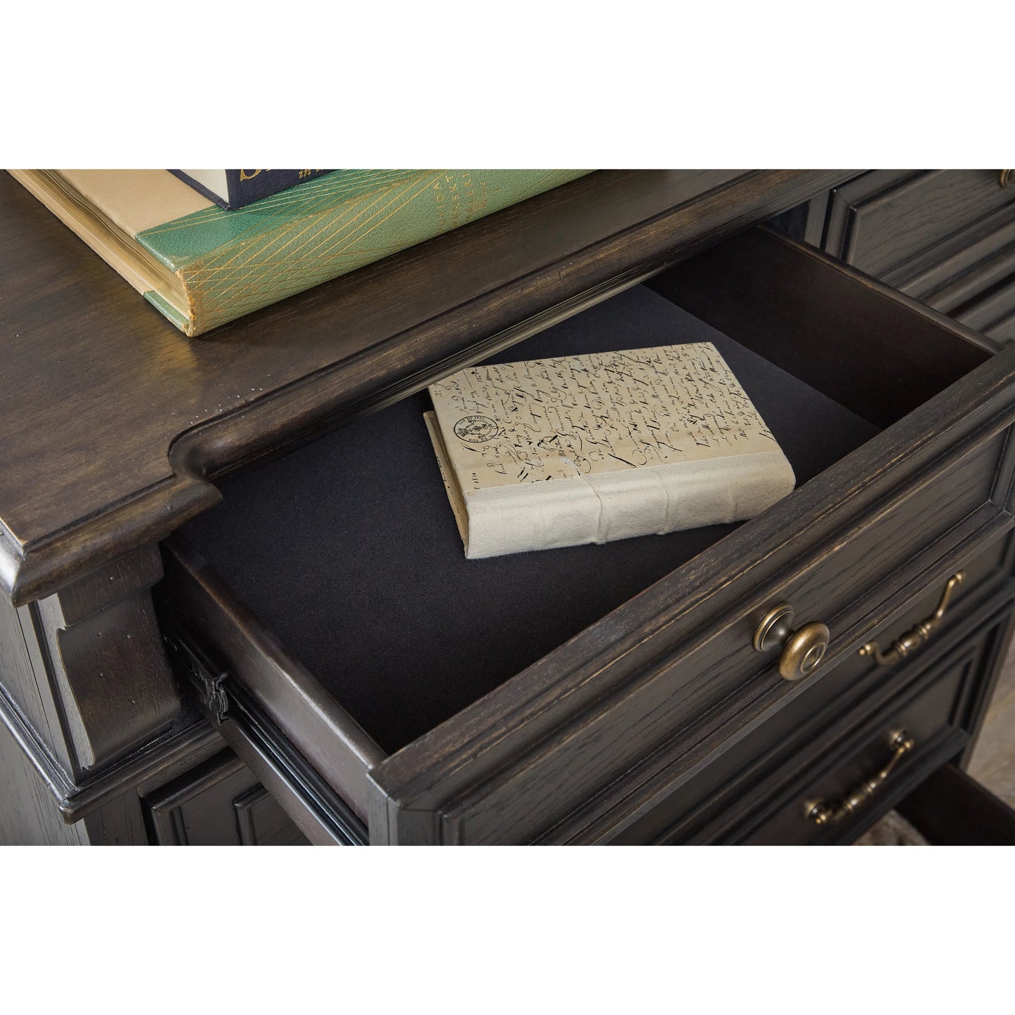007 SI-2383572 | Closeup | Hickory Creek 6 Drawer Chest by Pulaski Furniture in brown velvet. Made from split heart cathedral hickory veneers in a unique style.