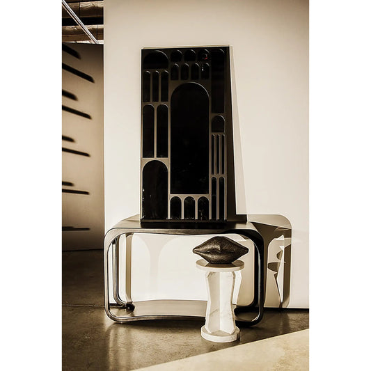 Doorway Mirror by Noir in matte black. Made from industrial steel and mirror in a modern style.