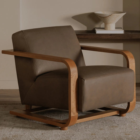 Eckersley Leather Lounge Chair by Moe's Home Collection. Made from 100% top grain leather, solid oak frame, high density foam seat, back with s-spring suspension in a modern style.
