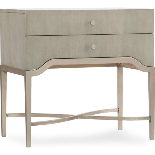 001 SI-1748843 | Primary Silo | Elixir Two Drawer Nightstand by Hooker Furniture in greige, champagne silver. Made from chinese walnut veneers in a modern style.