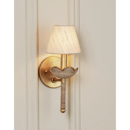 Vichy Wall Sconce by Currey and Company in natural, contemporary gold leaf. Made from abaca rope, wrought iron in a transitional style.