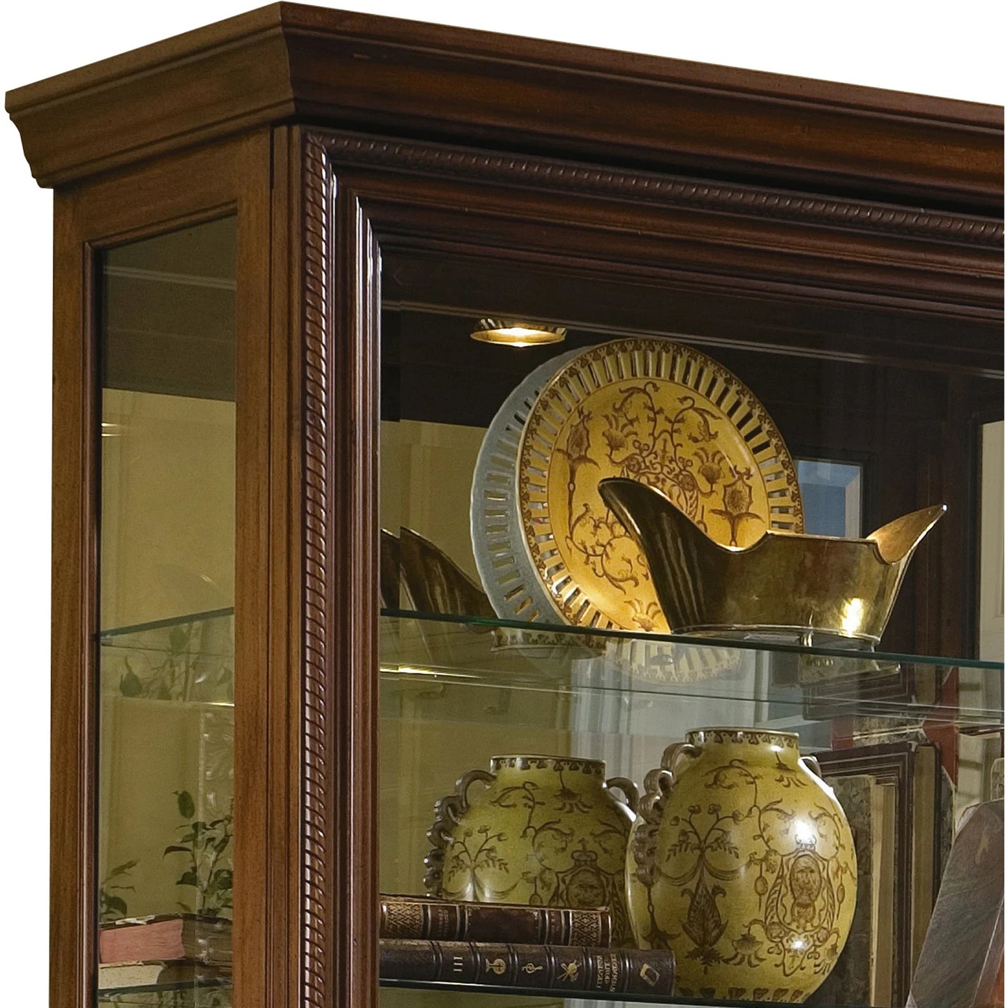 003 SI-2155655 | Closeup | 43'' Wide Hardwood Two Way Sliding Door Curio Cabinet in Rich Brown by Pulaski Furniture in rich brown. Made from poplar solids with birch veneers in a traditional style.
