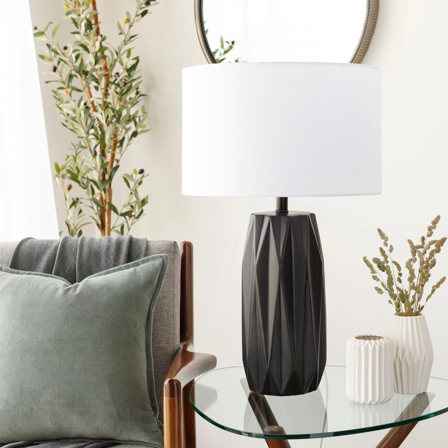 001 SI-1882284 | Lifestyle | Grimsey - 30294 by Surya in white, black, translucent, metallic nickel and glazedbrushed. Made from linen, polyester, ceramic, metal in a transitional style.