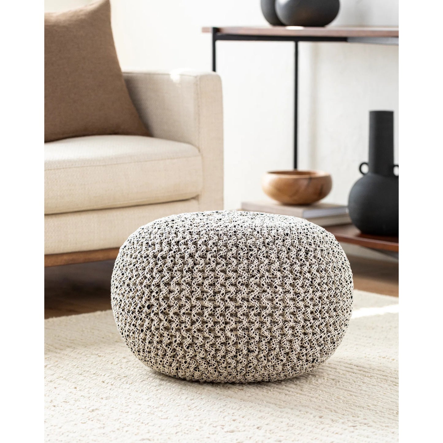 002 SI-2098406 | Lifestyle | Gravity Pouf 487881 by Surya in light silver, ash, black, lunar green, sage. Made from jute, polybeads in a modern style.