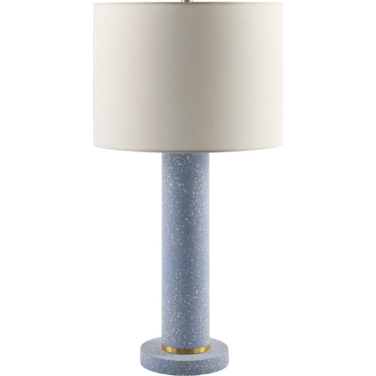 Garies Accent Table Lamp 625293 by Livabliss in body: sky blue; base: sky blue; shade: white; finial: metallic - brass; harp: metallic - brass; cord: translucent and terrazzoterrazzoplated. Made from cement, linen, polyester