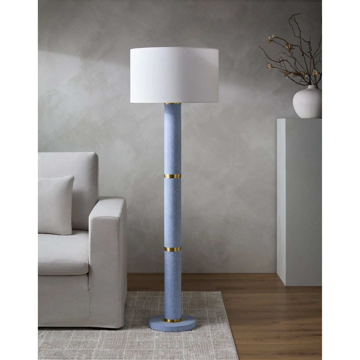 002 SI-2246079 | Lifestyle | Garies Accent Floor Lamp 625296 by Livabliss in body: sky blue; base: sky blue; shade: white; finial: metallic - brass; harp: metallic - brass; cord: translucent and terrazzoterrazzoplated. Made from cement, linen, polyester, i