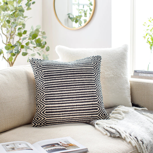 Global Stripe Pillow - 24348 by Surya in ivory, black. Made from front: 100% cotton, back: 100% cotton in a modern style.