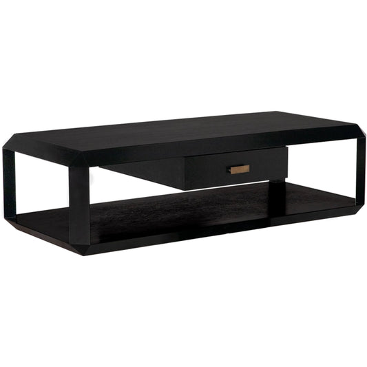 Obtuse Coffee Table by Noir in hand rubbed black. Made from mahogany, veneer, brass pulls in a modern style.