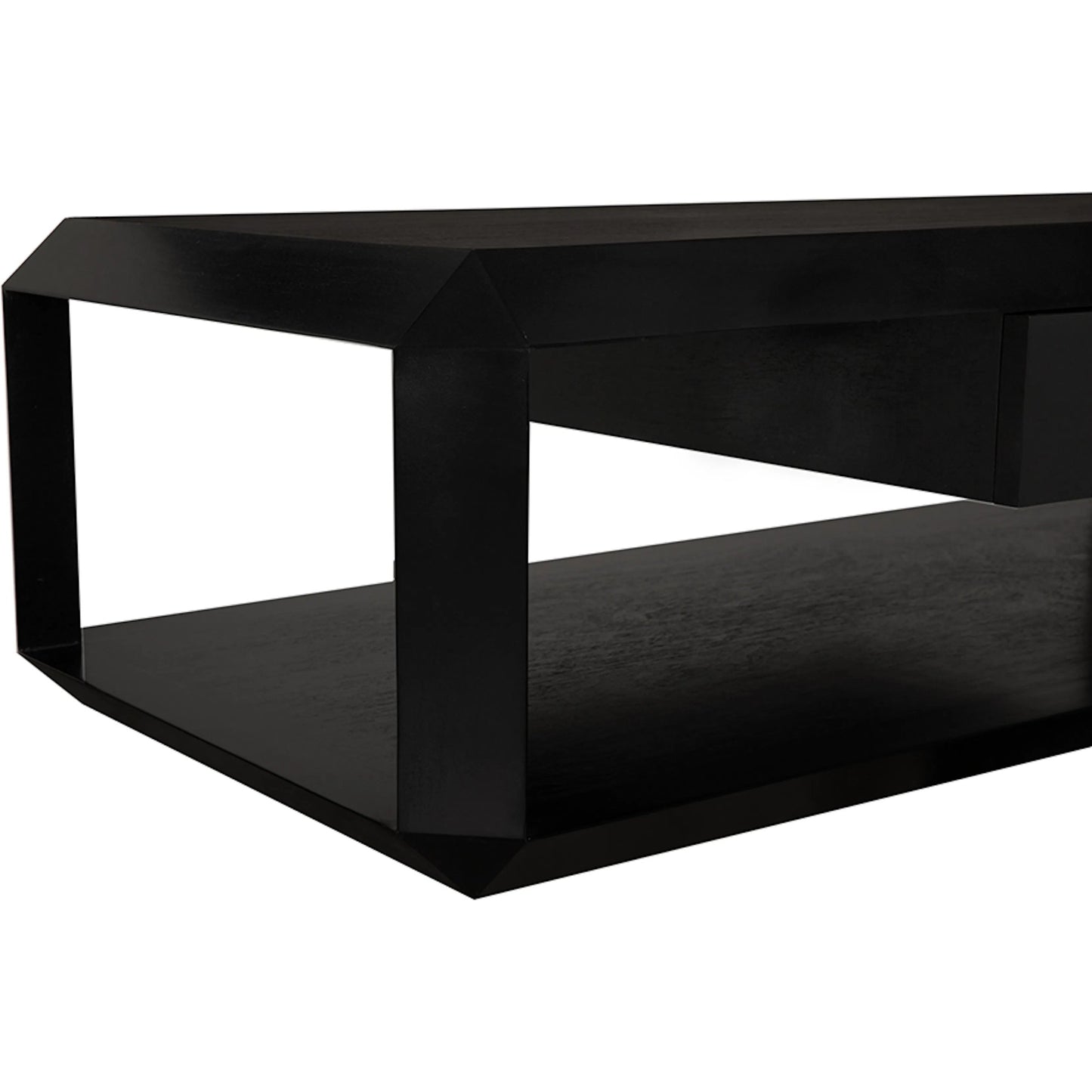 004 SI-2379022 | Closeup | Obtuse Coffee Table by Noir in hand rubbed black. Made from mahogany, veneer, brass pulls in a modern style.