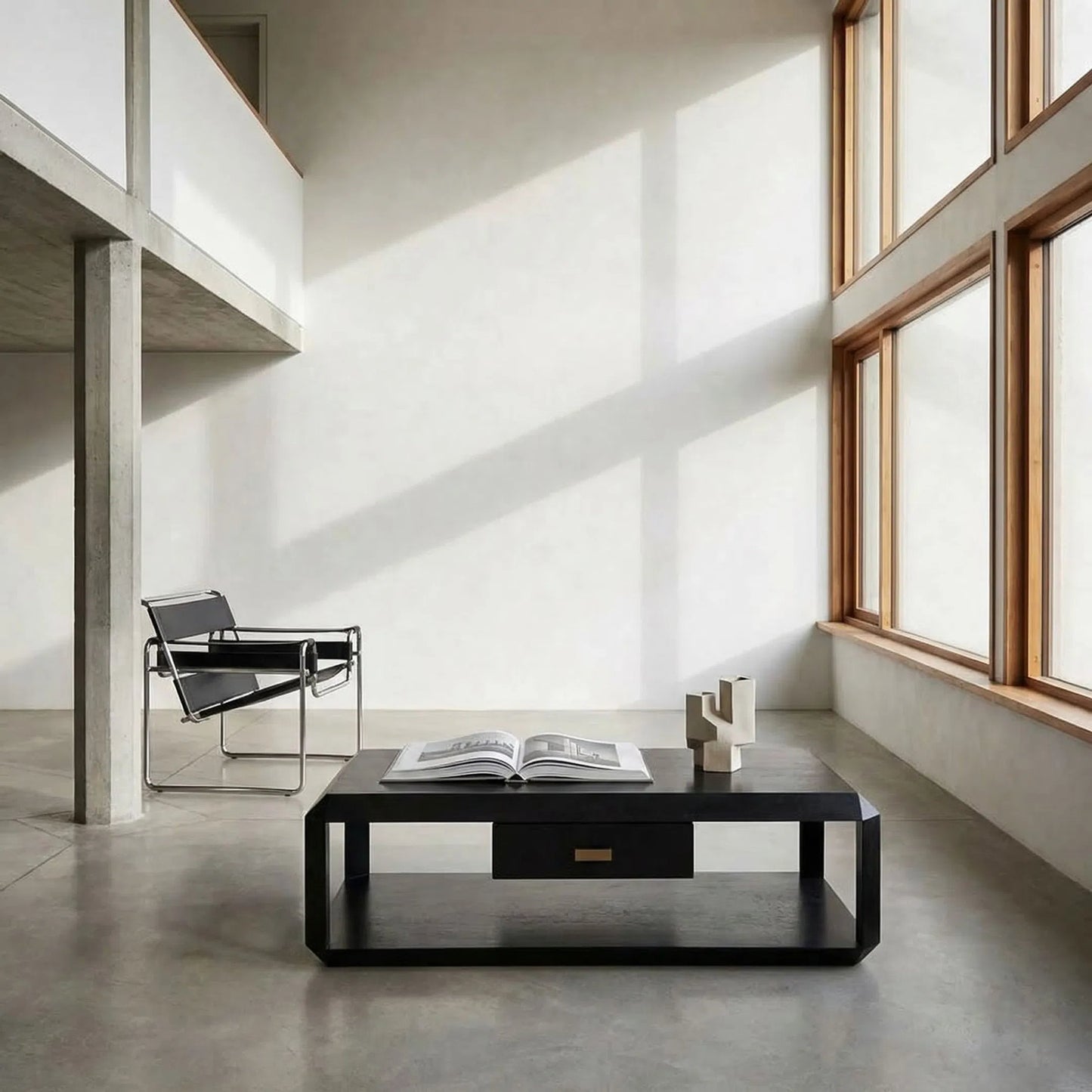 007 SI-2379022 | Lifestyle | Obtuse Coffee Table by Noir in hand rubbed black. Made from mahogany, veneer, brass pulls in a modern style.