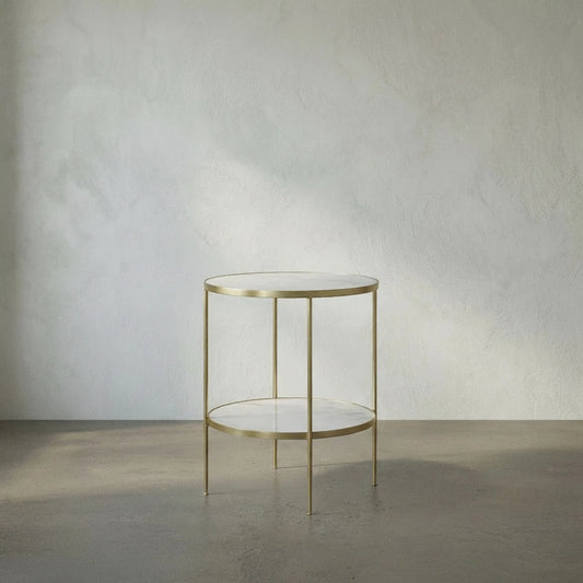 Rivoli Side Table by Noir in antique brass. Made from metal, quartz in a transitional style.
