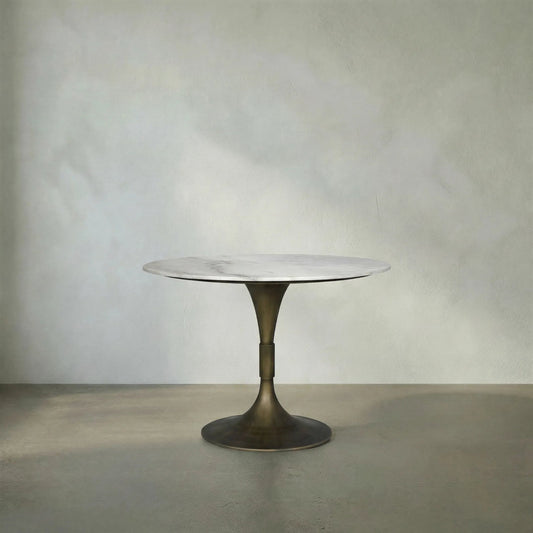 Jman Table 36" by Noir in aged brass. Made from industrial steel and bianco crown marble in a modern style.