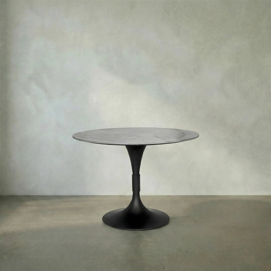 Jamna Table 36" by Noir in matte black. Made from industrial steel and bianco crown marble in a modern style.