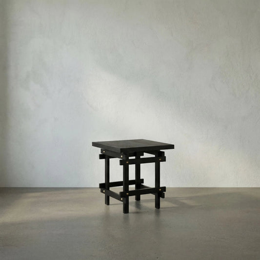 Yokosuka Side Table by Noir in hand rubbed black. Made from mahogany, veneer, brass pulls in a modern style.