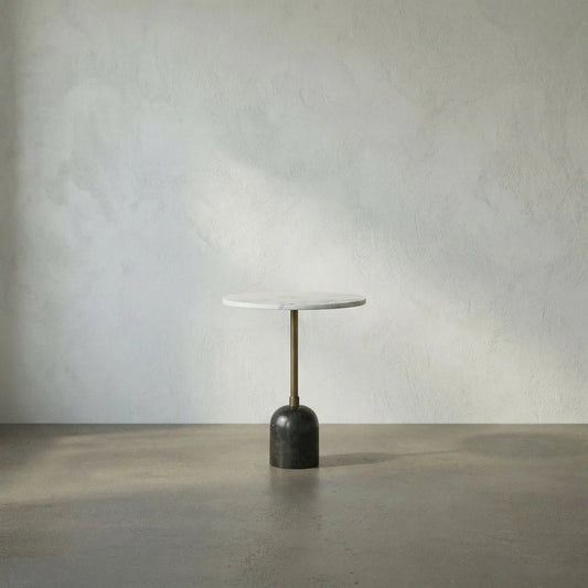 Shantu Side Table with Stone Top by Noir in aged brass. Made from iron, bianco crown marble in a modern style.